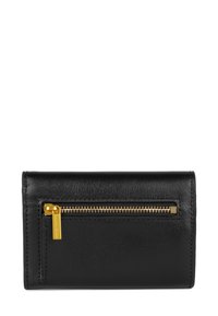 Portefeuille en cuir noir avec une finition texturée, doté d'une fermeture éclair dorée et d'un design épuré et minimaliste.