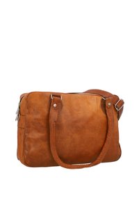 Brown leather shoulder bag with silver zipper and adjustable strap on white background.