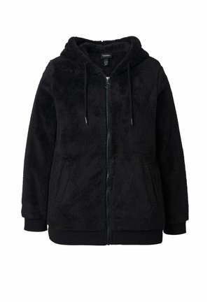 Sweat à capuche zippé en peluche noire avec poches avant, capuche à cordon et poignets et ourlet côtelés.