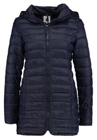 Námořnicky modrá péřová bunda se zipem vpředu, kapucí a vodorovným prošitím pro lepší izolaci. Má hladký, lesklý povrch a elastické manžety.