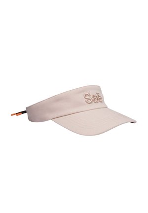 Viseur de sport en tissu beige avec visière courbée et logo brodé "Saē" à l'avant, sangle réglable avec onglet orange et noir à l'arrière.