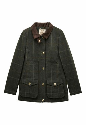 Wool blend coat in dark green with a brown suede collar. Features a checked pattern, gold buttons, and two large front pockets.