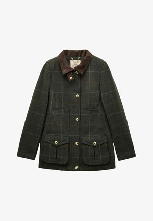 Wollmischungsmantel in Dunkelgrün mit einem Kragen aus braunem Wildleder. Ausgestattet mit einem karierten Muster, goldenen Knöpfen und zwei großen Fronttaschen.