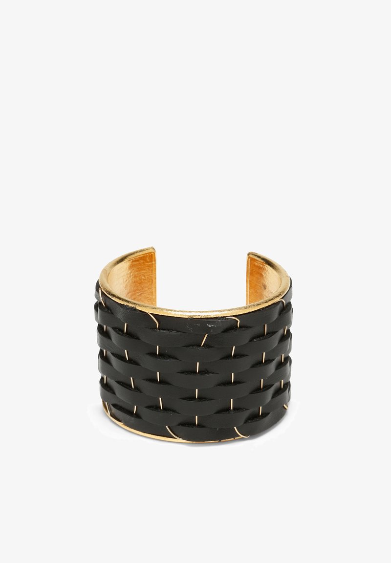 Black woven leather cuff bracelet featuring gold accents, with a textured surface and open design for easy wear.