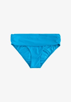 Slip albastru pentru femei, cu talie lată, pliabilă, prezentat întins pe un fundal alb.