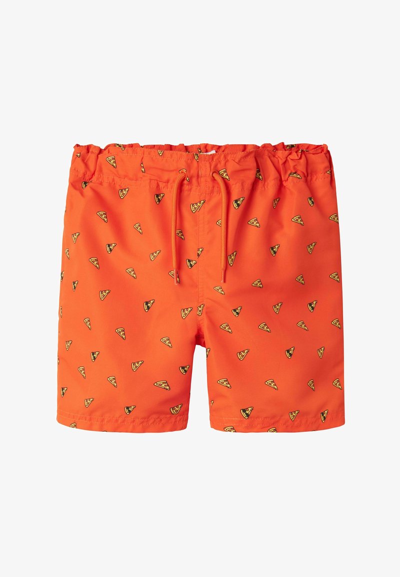 Pomarańczowe kąpielówki wykonane z lekkiego materiału, z powtarzającym się wzorem w postaci kawałków pizzy oraz elastycznym paskiem w talii ze sznurkiem.