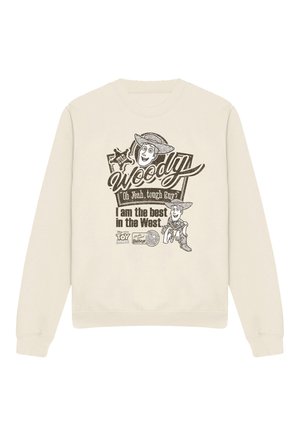 Beige sweatshirt featuring black graphic of Woody from Toy Story, with text "Woody, Oh Yeah, tough guy? I am the best in the West."