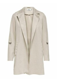 Cappotto beige, a maniche lunghe, aperto davanti, realizzato in materiale simile al camoscio. Presenta due tasche laterali e dettagli a boucle sulle maniche.