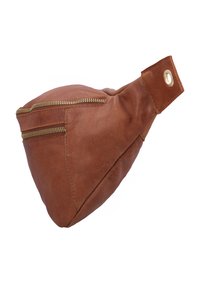 Braune Leder-Gürteltasche mit zwei goldenen Reißverschlüssen und einem Riemenende mit Metallöse auf weißem Hintergrund.