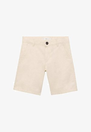 Short beige longueur genou avec passants de ceinture, poches avant et une fermeture par un seul bouton foncé à la taille.