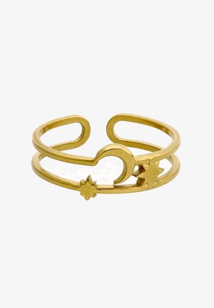 Regulowana bransoletka mankietowa w złotym odcieniu, ozdobiona półksiężycem i dwoma gwiazdkowymi zawieszkami na równoległych paskach.