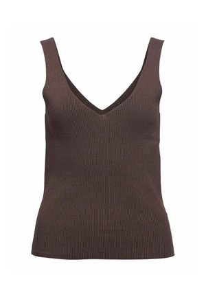 Top marron sans manches en tricot côtelé avec un décolleté en V profond et larges bretelles, conçu pour une silhouette près du corps.