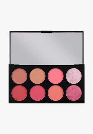 Achtfarbige Rouge-Palette mit einem schwarzen Gehäuse. Enthält matte und schimmervolle Farbtöne in Pfirsich-, Rosa- und tiefen Rosetönen, mit einem reflektierenden Spiegel.