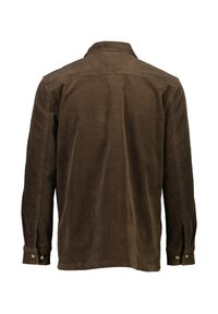 Brun kordflorskjorta med långa ärmar, knäppta manschetter och klassisk krage. Texturerad tyg med vertikala ribbdetaljer på baksidan.