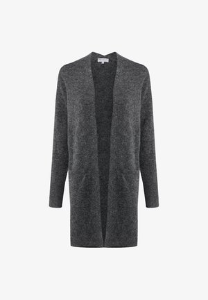 Cardigan grigio con davanti aperto, maniche lunghe e due tasche frontali. Realizzato in tessuto morbido e testurizzato. Senza chiusure. Design semplice.