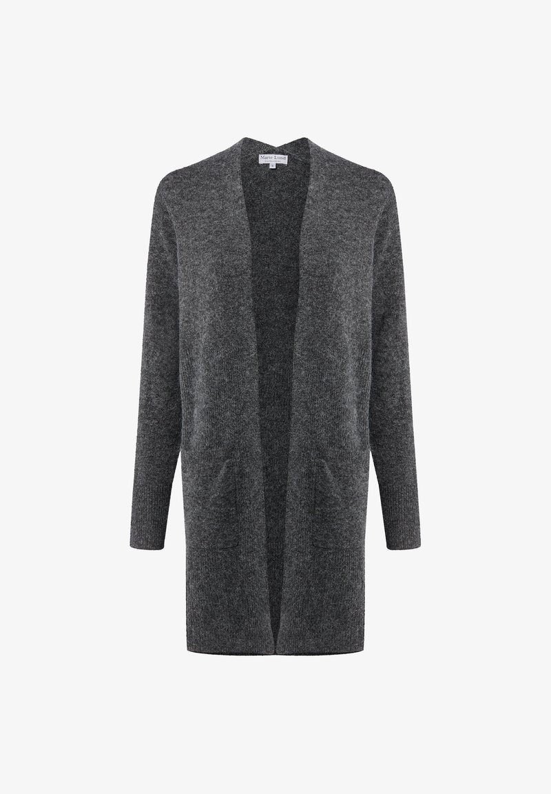 Grau Cardigan mit offenem Vorderteil, langen Ärmeln und zwei vorderen Taschen. Aus weichem, strukturiertem Stoff. Ohne Verschlüsse. Schlichtes Design.