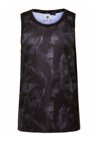 Zwart mouwloos tanktop met geperforeerd ontwerp, met een textuurpatroon dat lijkt op slangenhuid. Ronde halslijn met een merklabel aan de binnenkant.