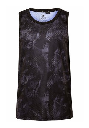 Musta hihaton toppi, jossa on reikäkudos ja käärmeen nahkaa muistuttava tekstuuri. Pyöreä pääntie, jossa sisäpuolella merkkilappu.