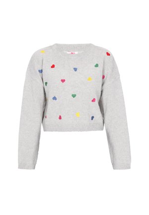Pull court gris clair avec des motifs de cœurs colorés en rouge, bleu, vert, jaune et rose. Fabriqué en tissu tricoté doux, il présente des poignets côtelés.