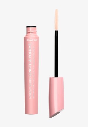 Mascara longueur et volume dans un tube cylindrique rose avec un texte blanc, présentant un applicateur noir avec une brosse à poils roses texturée.