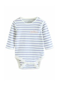 Randig långärmad bodysuit i vitt med blå linjer, med broderad "smiles" i rosa och tryckknappar i botten.