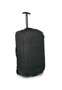 Valigia con ruote Osprey Ozone, in tessuto nero, forma rettangolare, dotata di tasche con zip, manico telescopico e ruote resistenti per la mobilità.