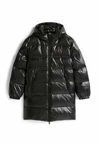 Veste noire rembourrée avec une finition brillante, capuche, deux poches zippées à l'avant, poignets élastiques et fermeture à glissière sur toute la longueur à l'avant.