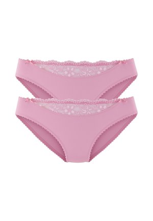 Pink bikini panties with a smooth fabric, floral lace trim at the waistband, and scalloped edges. Two pieces displayed.