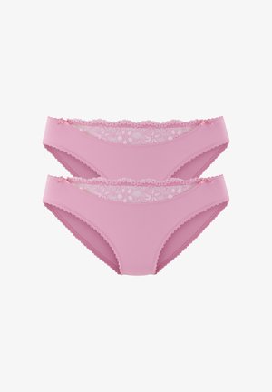 Pink bikini panties with a smooth fabric, floral lace trim at the waistband, and scalloped edges. Two pieces displayed.