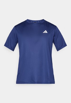 Marineblaues, kurzärmeliges Sport-T-Shirt aus atmungsaktivem Stoff, mit Rundhalsausschnitt und weißem Adidas-Logo auf der linken Brust.