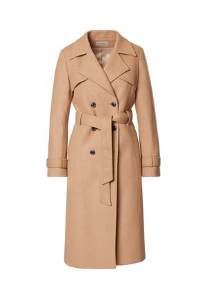 Wełniany płaszcz w kolorze camel o podwójnym zapięciu, szerokich klapach i dopasowanym pasku. Posiada dwa czarne guziki oraz detale przy mankietach.