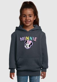 Grauer Hoodie mit Kängurutasche, der mit buntem "MINNIE"-Text und einer gestickten Minnie-Maus-Grafik mit einer rosa Schleife versehen ist.
