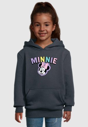 Szürke kapucnis pulcsi kenguruzsebbel, színes "MINNIE" felirattal és hímzett Minnie Mouse grafikával, rózsaszín masnival.