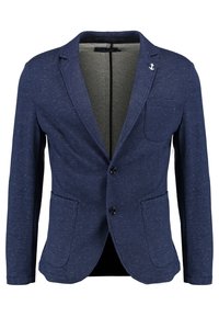 Námořnický modrý blazer z texturované tkaniny, s jednou kapsou a dvěma knoflíky, s detailem brože ve tvaru kotvy na klopě.
