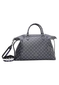 Szara torebka o teksturowanej powierzchni z powtarzającym się wzorem, z dwoma uchwytami, odczepianym paskiem i srebrnymi elementami. Posiada zamek błyskawiczny.