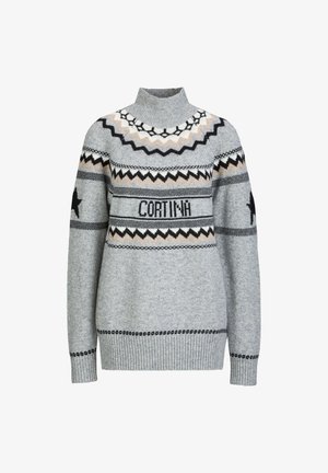 Grijze gebreide trui met een opstaande kraag, met geometrische patronen in zwart en beige, en het woord "CORTINA" dat over de borst is afgebeeld.