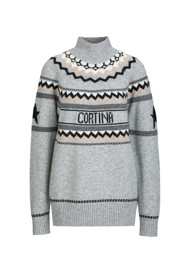Grijze gebreide trui met een opstaande kraag, met geometrische patronen in zwart en beige, en het woord "CORTINA" dat over de borst is afgebeeld.