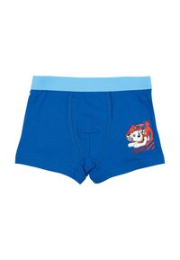 Boxer in cotone blu con una cintura blu chiaro. Presenta un design stampato di un cane cartone animato, Marshall, sul davanti.