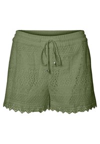 Shorts en dentelle verte avec une taille à cordon. Présentent un design texturé avec des motifs floraux et géométriques, un ourlet festonné et deux poches avant.