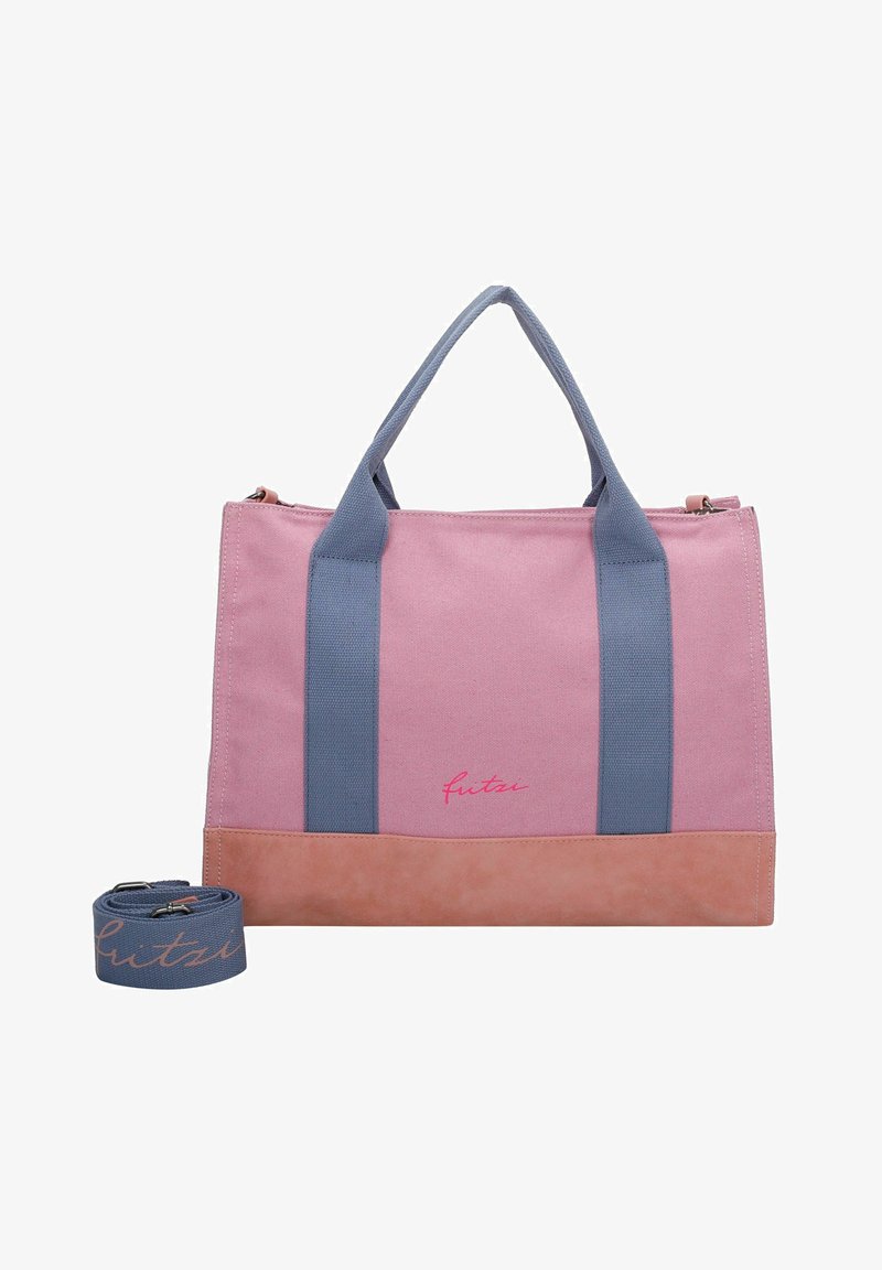 Borsa a tote in tela di un rosa chiaro con manici blu e fondo beige. Presenta un logo frontale e include una tracolla regolabile.