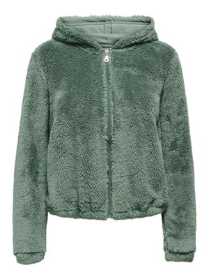 Veste polaire douce verte à capuche avec manches longues et fermeture éclair frontale, présentant une texture pelucheuse et un ourlet et des poignets élastiqués.