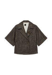 Bruine houndstooth blazer met dubbele sluiting, brede korte mouwen, twee zijzakken en een decoratieve bloemenbroche op de borst.