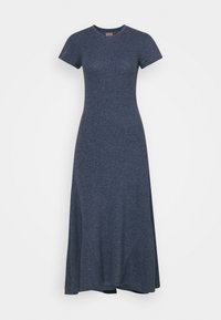 Robe maxi longue, bleue marine, à manches courtes en tissu texturé. Encolure ronde et silhouette évasée avec un ourlet fluide.