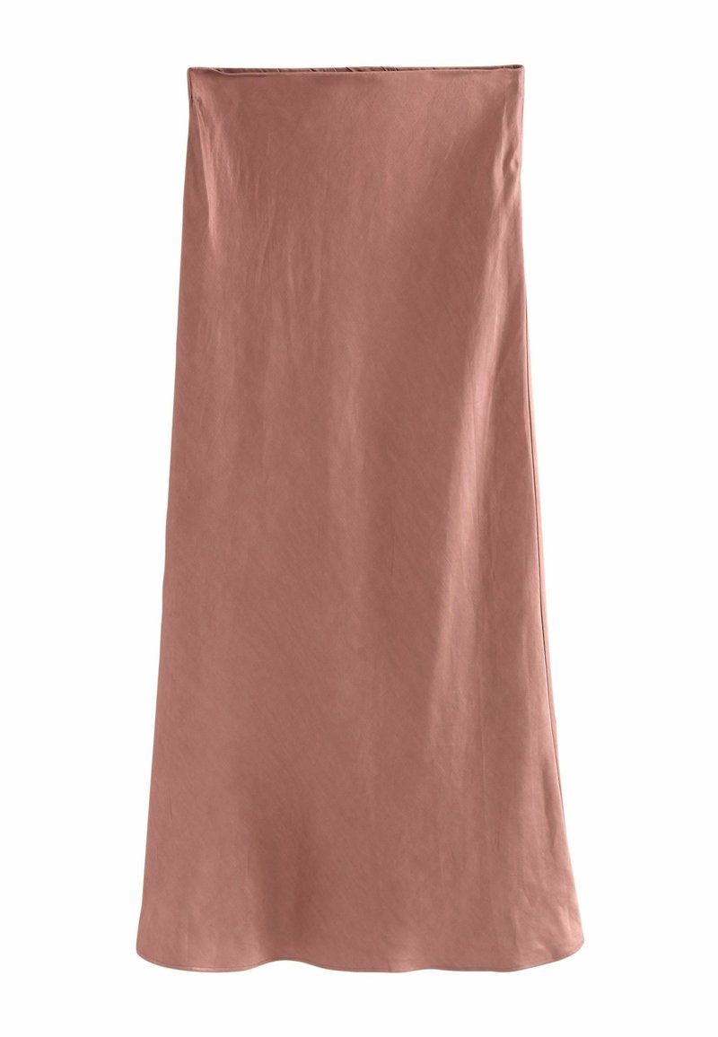 Jupe mi-longue à coupe droite couleur rose poudré, en tissu lisse légèrement brillant, sans motifs ni ornements apparents.