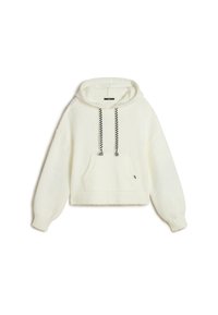 Hoodie corto di colore crema realizzato in materiale morbido, con tasca frontale, lacci a scacchi in bianco e nero, e polsini e orlo a coste.