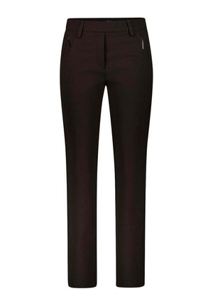 Pantaloni neri a gamba dritta con tasche frontali con zip e passanti per cintura, mostrati su sfondo bianco.