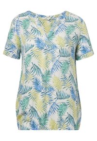 Camiseta de manga corta en tejido ligero con fondo blanco y patrones de helechos en azul y amarillo. Ajuste casual y holgado, con escote redondo.