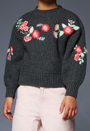 Dunkelgrauer Strickpullover mit Rippenstruktur, verziert mit bunter Blumenstickerei an Ärmeln und Vorderseite. Langärmlig, Rundhalsausschnitt.