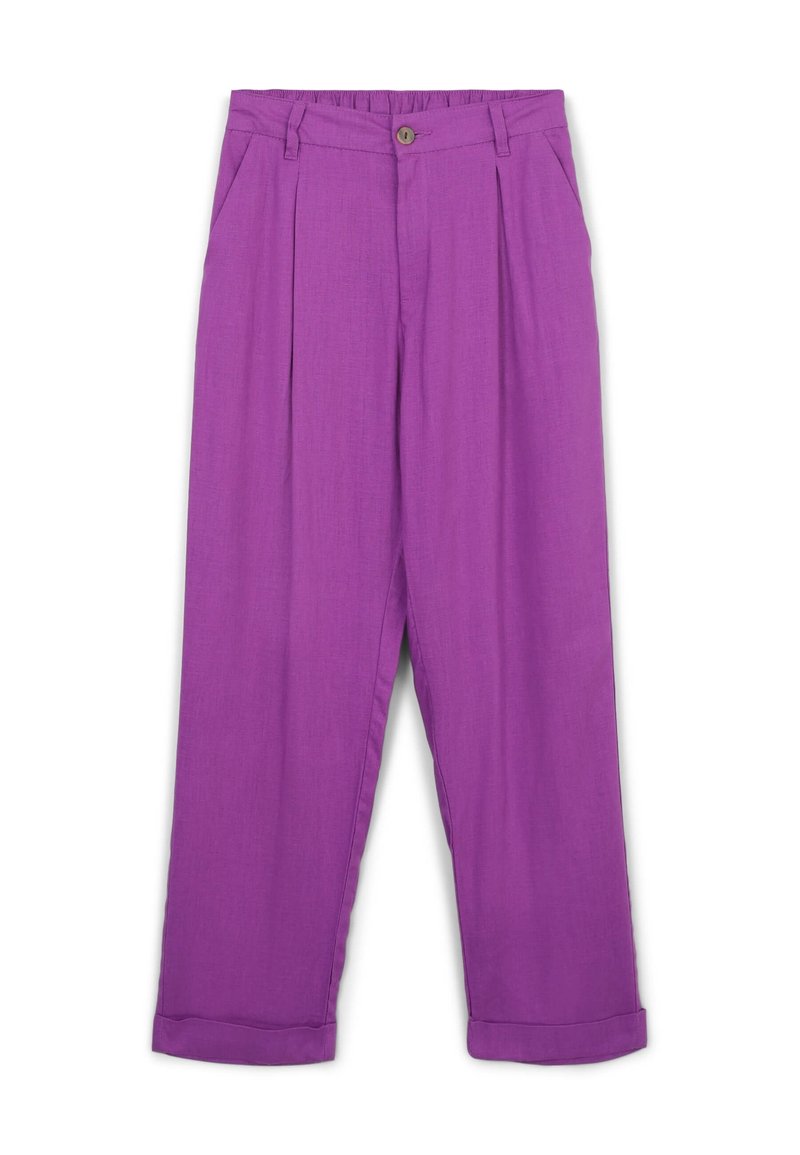 Pantaloni di lino viola con una vestibilità comoda, pieghe frontali e chiusura con bottone in vita. Orli risvoltati alla caviglia.