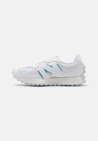 White athletic shoe with mesh and synthetic material. Features colorful accents in blue and pink, a cushioned sole, and textured outsole.